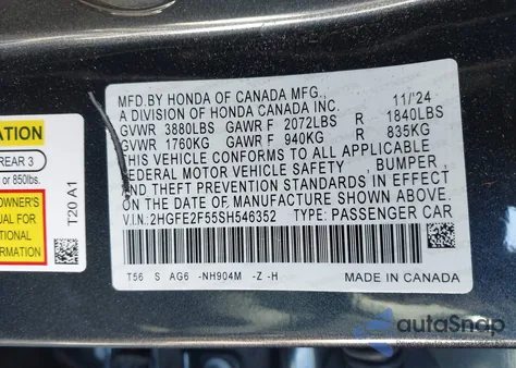 2025 Honda Civic Sport из США, поврежденный, VIN 2HGFE2F55SH546352